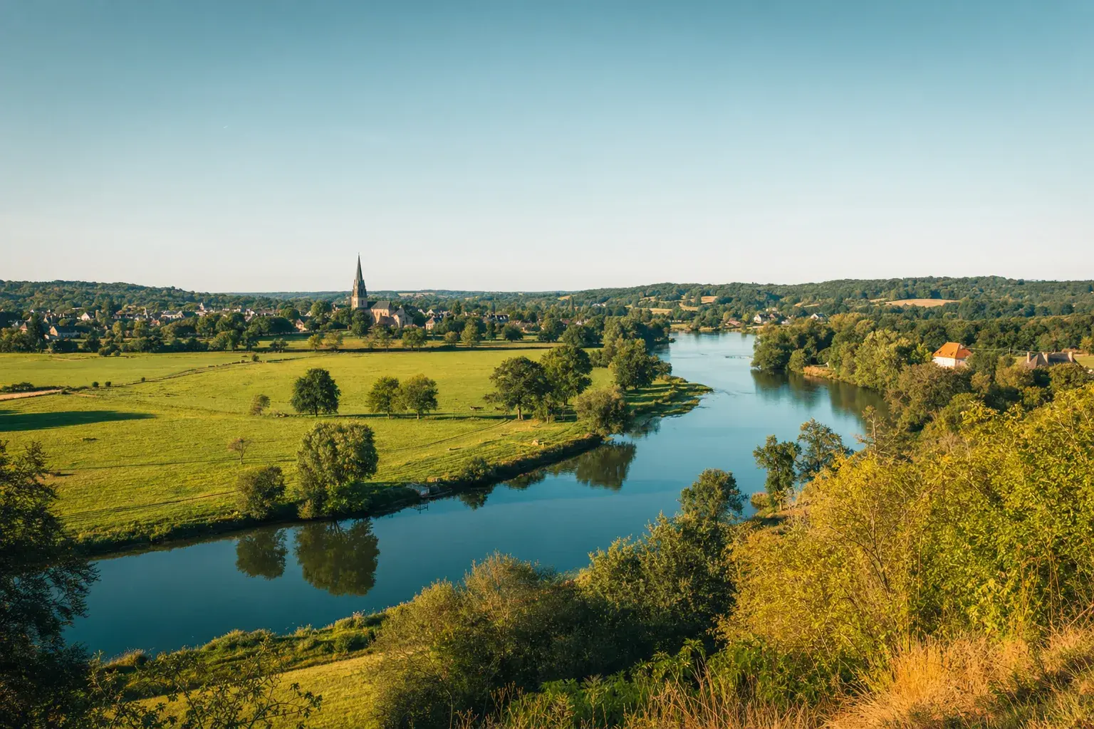 Paysage de la Sarthe : la rivière, les prairies et un clocher de village